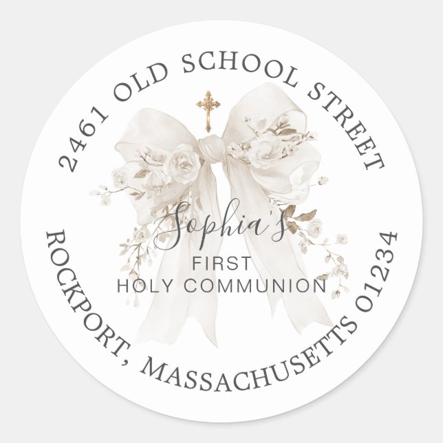 First Communion White Bow Return Address Label (Front)