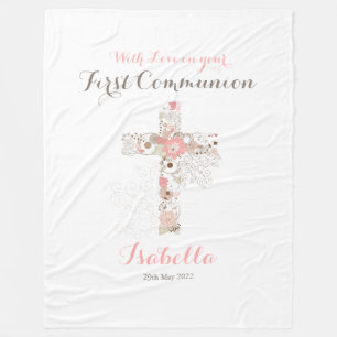 First communion white floral cross name fleece bla blanket