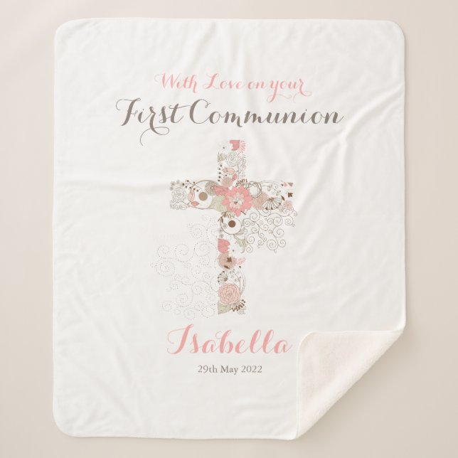 First communion white floral cross name sherpa blanket (Front)