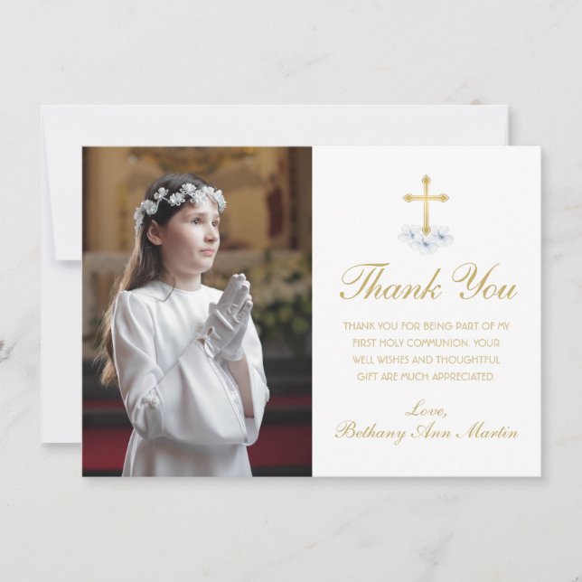 First Communion White Floral Gold Cross Photo Thank You Card (Front)