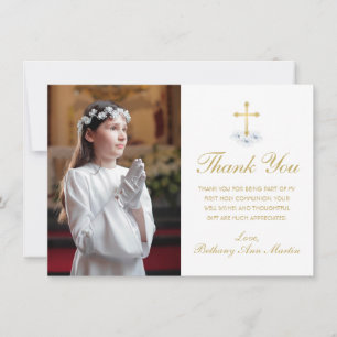 First Communion White Floral Gold Cross Photo Thank You Card