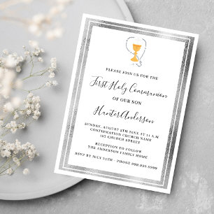 First Communion white silver chalice host Invitation