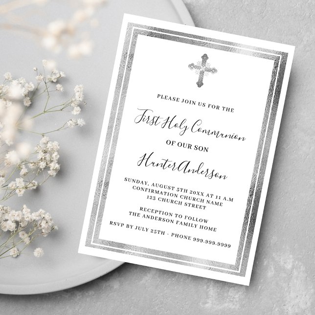 First Communion white silver cross Invitation (Creator Uploaded)