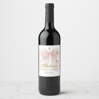 First Communion Wine Label - Elegant Floral Bow