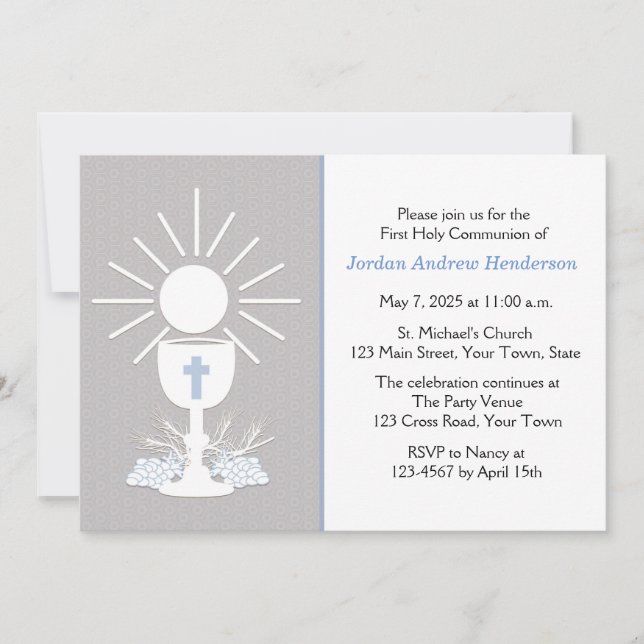 First Communion with Chalice, Grey Invitation (Front)