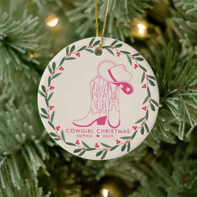 First Cowgirl Christmas Pink cowboy boots Ceramic Tree Decoration (Tree)