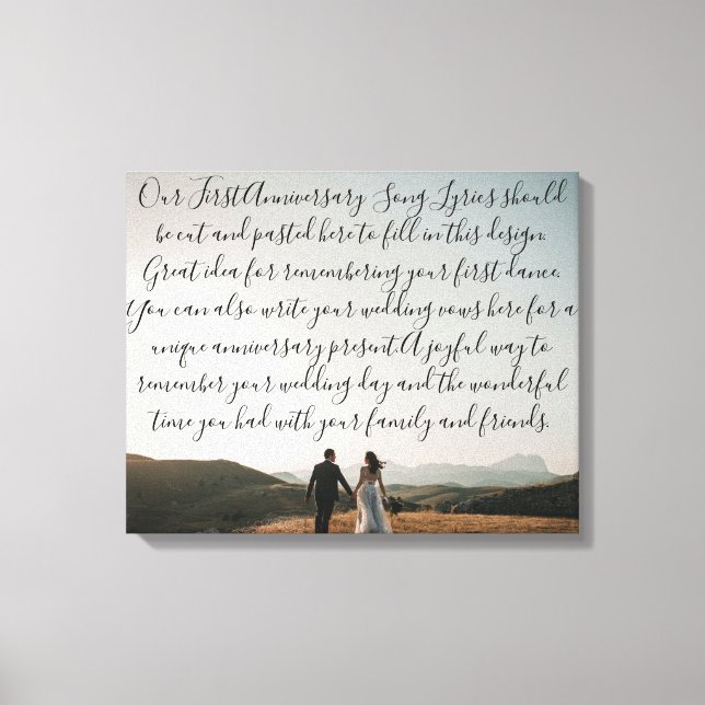 First Dance Song Lyrics Anniversary Gift Vow Photo Canvas Print (Front)