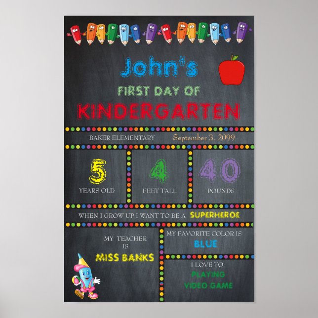 First Day in Kindergarten BOY,Small Size,Chalkboar Poster (Front)
