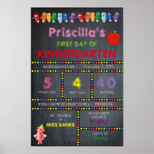 First Day Kindergarten GIRL,Small Size,Chalkboard Poster