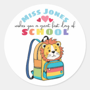 First Day Lion Backpack Teacher welcome Classic Round Sticker