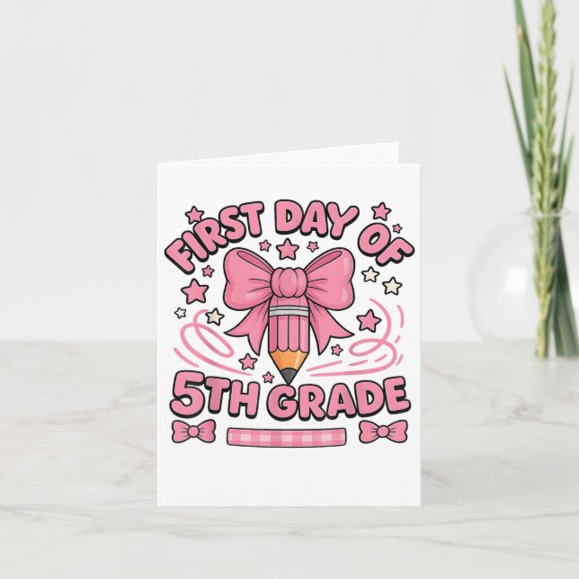 First Day Of 5th Grade Pink Pencil Bow Girl Back T Card (Front)