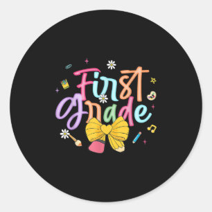 First Day Of First Grade Coquette Bow Pencil Teach Classic Round Sticker