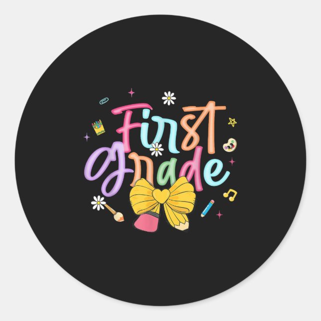 First Day Of First Grade Coquette Bow Pencil Teach Classic Round Sticker (Front)