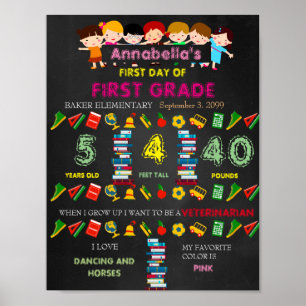 First Day of FIRST GRADE Sign GIRL,Black & colours