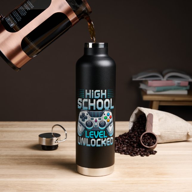 First Day of High School Level Unlocked Water Bottle (Coffee (Rotated))