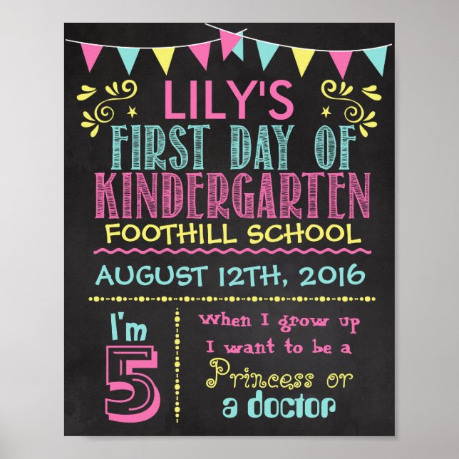 First Day of Kindergarten Chalkboard Poster (Front)