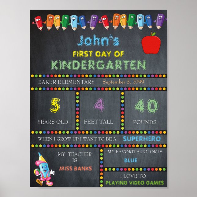 First Day of Kindergarten Sign BOY, Chalkboard (Front)