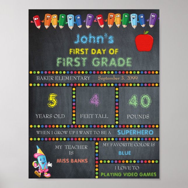 First Day of Kindergarten Sign BOY, FIRST GRADE (Front)