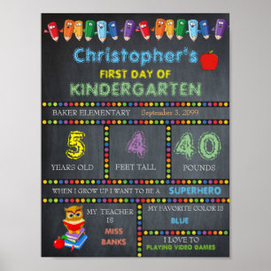 First Day of Kindergarten Sign, Chalkboard Poster