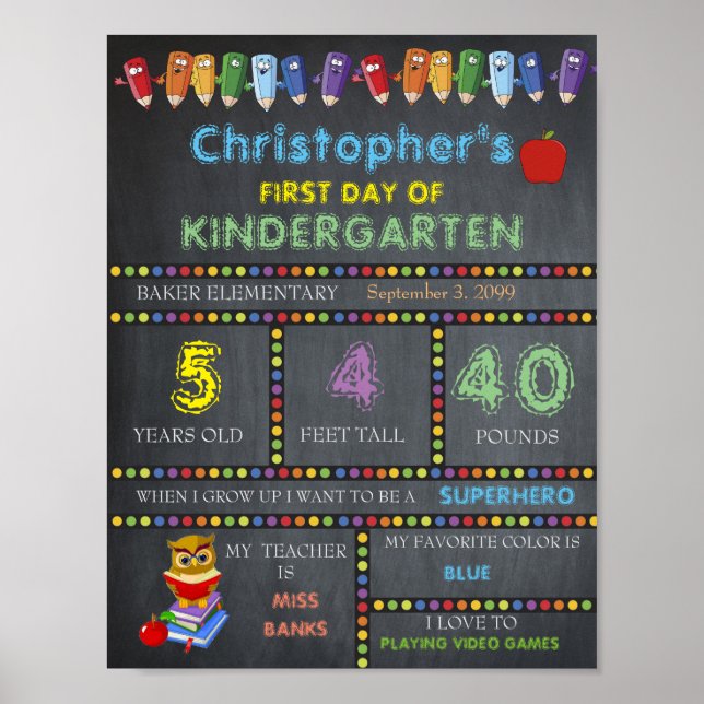 First Day of Kindergarten Sign, Chalkboard Poster (Front)