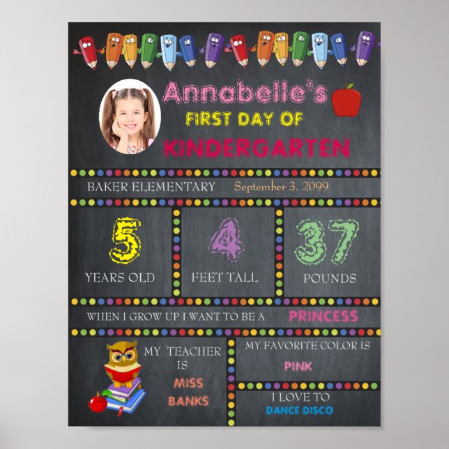 First Day of Kindergarten Sign GIRL, Chalkboard (Front)