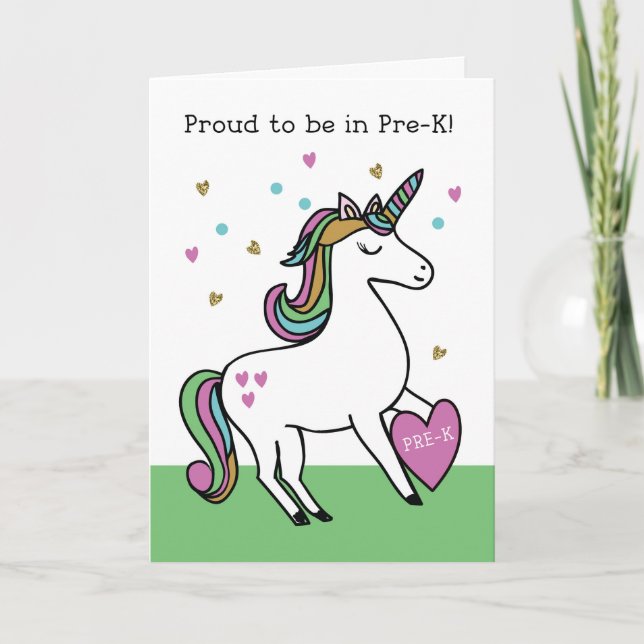 First Day of Pre-K for Girl Pink Unicorn Card (Front)