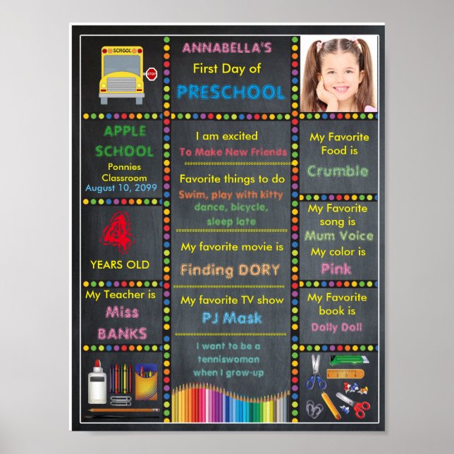 First day of preschool, chalkboard sign photo GIRL (Front)