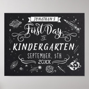 First Day of School Black Chalkboard Outer Space Poster