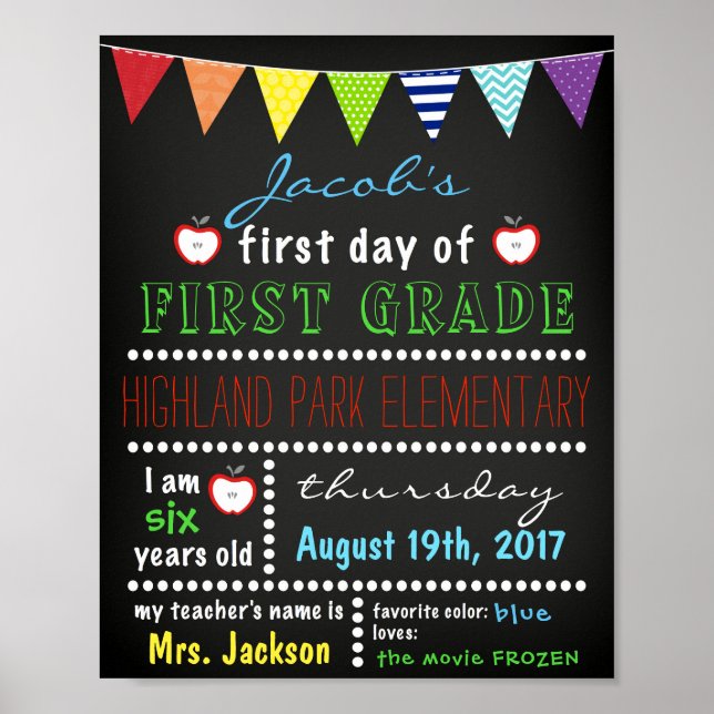 First Day of School Boys Chalkboard Back to School Poster (Front)