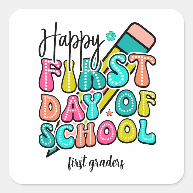First day of school colourful elementary retro  square sticker (Front)