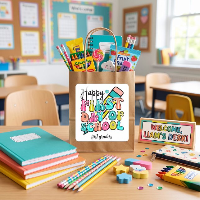 First day of school colourful elementary retro  square sticker (Creator Uploaded)
