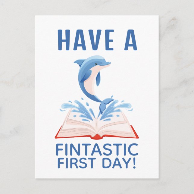 First day of School Cute Dolphin Animal Pun Blue Postcard (Front)