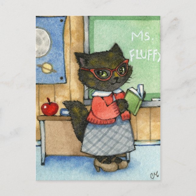 First Day of School - Cute Teacher Cat Art Postcard (Front)