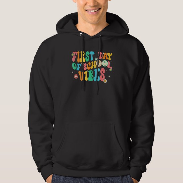 First Day Of School Vibes Smile Face Groovy Teache Hoodie (Front)
