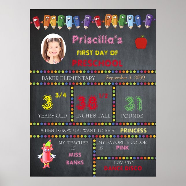 FIRST DAY PRESCHOOL girl,chalkboard sign,photo Poster (Front)