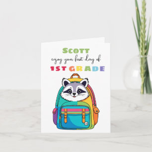 First Day Racoon Grade School Son Daughter Card