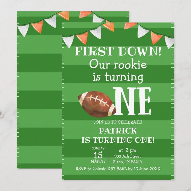 First down Football First Birthday Invitation (Front/Back)