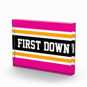 FIRST DOWN Fun Pink Black Yellow Football Stripes Photo Block