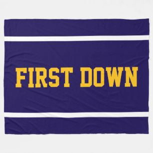 FIRST DOWN White Text Orange Stripes On Navy Blue Fleece Blanket