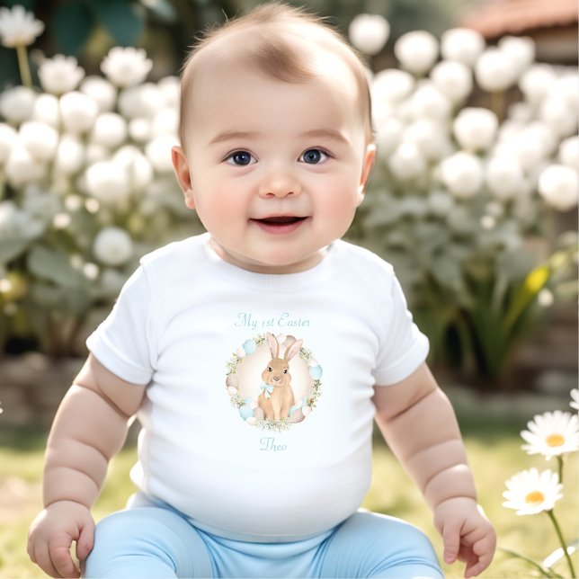 First Easter Cute Bunny Personalised Name Blue Baby T-Shirt (First Easter Cute Bunny Personalized Name Blue Baby T-Shirt)