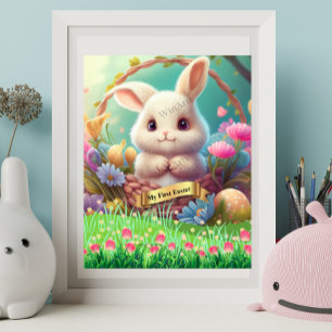 First Easter Cute Rabbit in a Basket Personalised  Poster