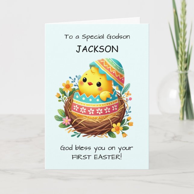 First Easter Godson Personalise Blessings Chick Card (Front)