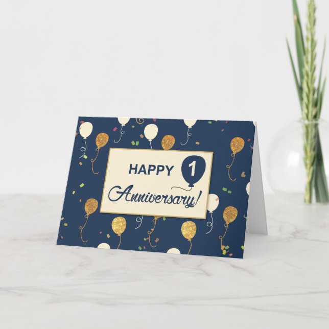 First Employee Anniversary Gold Look Balloons Card (Front)