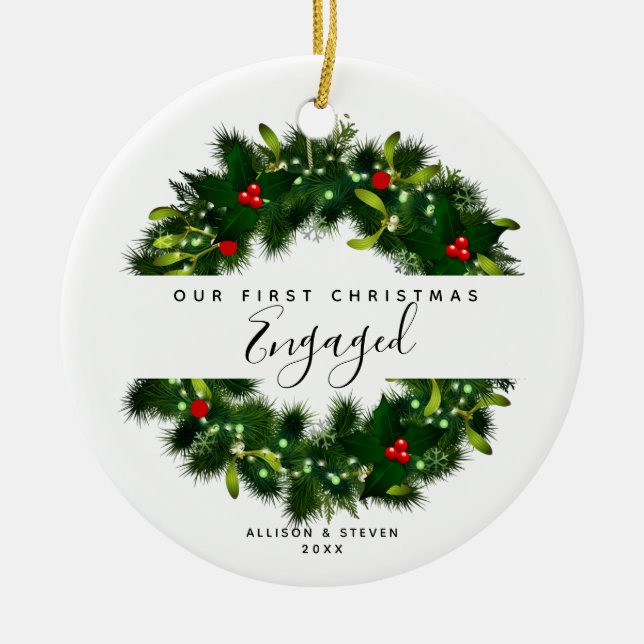 First Engagement Modern Couples Personalized Ceramic Tree Decoration (Front)