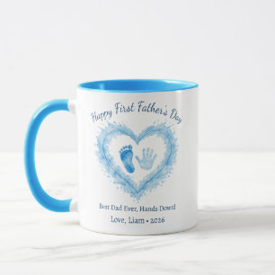 First Father’s Day Blue Watercolor Heart Handprint Mug