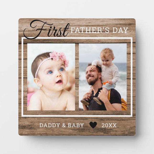 First Father's Day 2 Photo Collage Rustic Wood Plaque (Front)