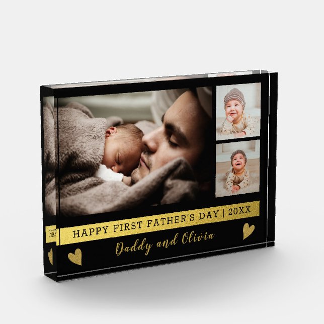First Father's Day 3 Photo Collage Black And Gold (Left)