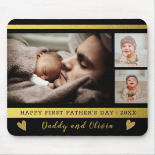 First Father's Day 3 Photo Collage Black And Gold Mouse Mat