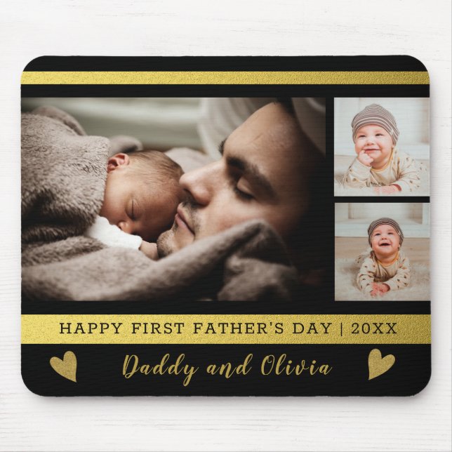 First Father's Day 3 Photo Collage Black And Gold Mouse Mat (Front)