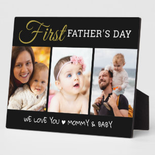First Father's Day 3 Photo Collage Black And Gold Plaque